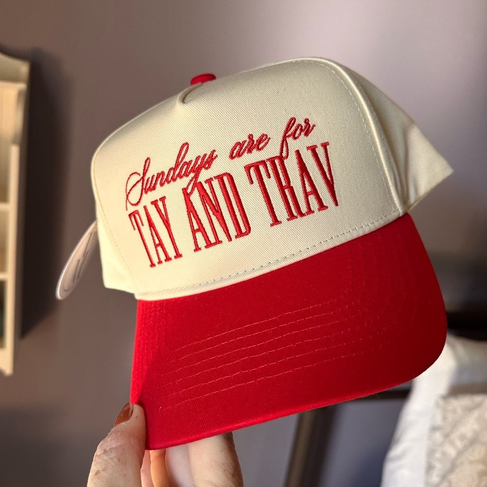 Golf Hat “Sundays are for Tay and Trav” Red/Cream Off White Adjustable